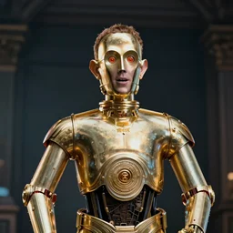 Mark Zuckerberg face merged with C-3PO, full body, cinematic, atmospheric lighting, HDR, 4k render, 8k render