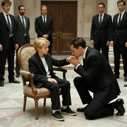 a medium shot photograph of a blonde boy sitting on a classic armchair at the Golden ratio position of the photo,  wearing causal black suits, in the middle of a hall which fills with mafia men, looking at the adult men kneeling before him kissing his hand, the 2000s, Italy, solemn, pale