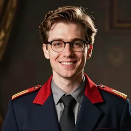 Portrait of man in chris redfield costume, smiling, has glasses