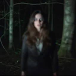 corpse looking at camera in forest at night, 70s photo, out of focus, motion blur, cctv footage, horror movie, horror lighting, blair witch project, old photo