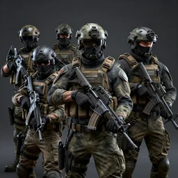 5 special forces agents wearing body armor and assault rifles looking tough and cool, intricate, hyper detailed, accent lighting, dramatic light, 4 k octane render