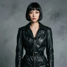 moody, youthful asian blade runner demure, 3 5 mm, exquisite features, feminine cut, pris mascara, 1 9 8 0's frontiers in flight leather suit, roger deakins, smoke, grain, misty, id magazine photoshoot