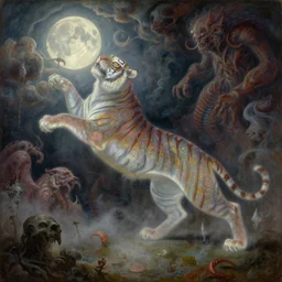 concept art of translucent tiger dancing, lovecraftian, renaissance, melting, round moon, rich clouds, fighting the horrors of the unknown, very detailed, volumetric light, mist, fine art, decaying, textured oil over canvas, epic fantasy art, very colorful, ornate intricate scales