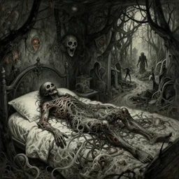 a scary presence is lying on my bed, it occupies the whole room and it is ruthless, it is transforming the room into a graveyard, it is made of unknown materials, insanely detailed, sci - fi, abstract horror, in the style of james ballard, painted by william blake