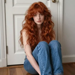 redhead woman with thick layered hair, delicate face, sitting on a wooden floor, blue jeans, in front of a white door, by jeremy lipking, joseph todorovitch, serge marshennikov