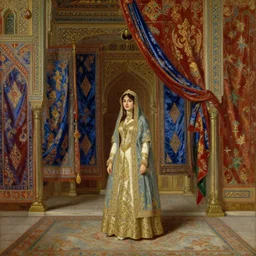 a beautiful, detailed oil painting in the orientalist style, of the ornate chambers of an oriental arabian princess, with screens and silks, by frederic leighton