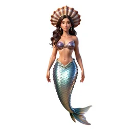 elegant mermaid with shell crown, detailed 3d character render, full body, standing, isolated on a pure white background, centered, whole figure in frame, sharp focus, studio lighting