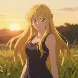 anime art, anime key visual of elegant female, long blonde hair, finely detailed perfect face, standing in the grass at sunset, golden hour sunset lighting, background blur bokeh!!, trending on pixiv fanbox, art by studio ghibli, greg rutkowski,