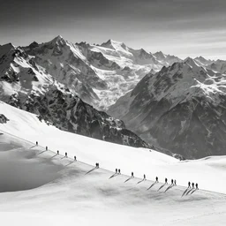 award winning landscape photography of mont blanc by ansel adams and jack brauer, far away, a line of people are crossing the snowy mountains ， nikon, wide angle, high contrast, black and white, layers, dramatic, beautiful light, fine detail