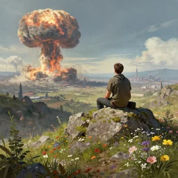 a man sitting on top of a rock covered hillside with flowers watching a nuclear explosion in a distant city, a detailed matte painting by filip hodas, cgsociety, fantasy art, artstation hq, vfxfriday, dystopian art