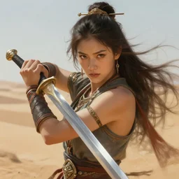 beautiful portrait of desert warrior holding a sword, art by krenz cushart, close - up portrait, dynamic pose, upper body, fantasy, digital painting, featured on artstation, highly detailed illustration, intricate, elegant, sharp focus, 4 k
