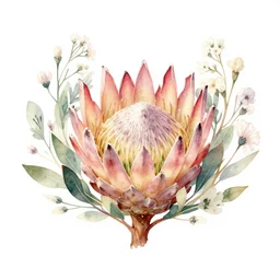 protea flower crown on a white background, king protea surrounded by small delicate flowers and small leaves, soft painting, watercolor