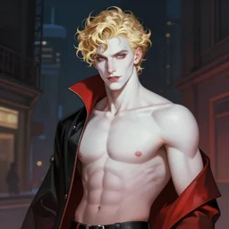 portrait of a beautiful young fit male vampire with curly blond hairs and pale skin, dressed with urban clothes, by greg rutkowski and alphonse mucha, d & d character, gradient white to red, modern nocturnal background, highly detailed portrait, digital painting, artstation, concept art, smooth, sharp focus ilustration, artstation hq