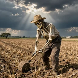 a farmer skeleton working his field in the style of soviet propaganda