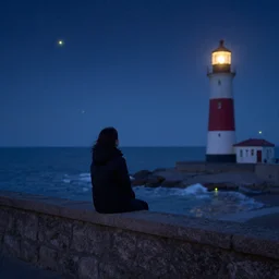 woman sitting on wall looking at the ocean. lighthouse. stars. fireflies. winter. caspar david friedrich