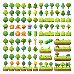 A game assets spritesheet by dofus by Stanley Artgerm Lau and Nadezhda Tikhomirova .  HD vector Containing modular props,  terrain, trees, 2d side view, platform, vector art, very detailed