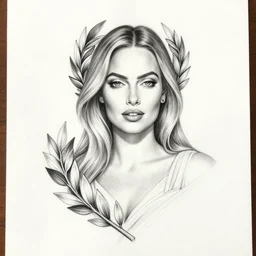 tattoo sketch of beautiful margot robbie as aphrodite the greek goddess wearing a laurel wreath and arrowhead earrings, beautiful piercing eyes with small pupils, sexy look, beautiful blonde hair, hyper realistic face, in the style of greg rutkowski, fantasy, amazing detail, epic, elegant, smooth, sharp focus