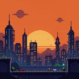 beauiful background painting of night level of a 2 d sidescroller game, in a futuristic city in an alien world, orange sky, video game art, pixel art, concept art, surreal and charming, synthwave, ultra detailed, cool lighting, trending on artstation