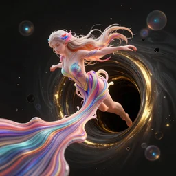 A stunning young ethereal figure, delicately positioned and entwined in vibrant fluid hues, is being drawn and spaghettified into a black and gold blackhole, gravitational lenses, photons, dimples, Fantasy, hyperrealism, 4k, volumetric lighting, three dimensions, spaghettification, a digitally transformed world, user interface design, 3D modeling, artstation, illustration, and transportation design. art by Andrew Chiampo, Frederik Heyman and Jonathan Zawada