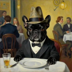 a portrait picture of a black french bulldog wearing a dinner jacket wearing a hat wearing a hat wearing a hat sitting at a table at a crowded french cafe classic oil painting by salvador dali surrealism