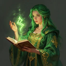 character concept portrait of fascinated nathalie emmanuel as green-haired wizard enchanting a luck rune, a floating spell book in the center, embroidered gold-green robes, intricate, elegant, digital painting, concept art, smooth, sharp focus, illustration, from Metal Gear, by Ruan Jia and Mandy Jurgens and William-Adolphe Bouguereau, Artgerm