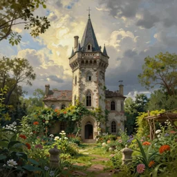 The abandoned wizard\'s tower in the overgrown garden. Unknown Hudson River School Artist.