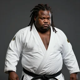 hyperrealistic mixed media portrait of a moridly obese black man with dreads wearing a gi, doing martial arts, 8k octane beautifully detailed render, post-processing, extremely hyperdetailed, trending on artstation