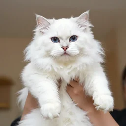 very long white longcat cat being held in human hands, sony dslr photograph, award winning, fine fur details,