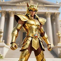unreal engine render Saint Seiya, The Golden cat Armor knight, greek temple background