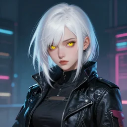 A beautiful cyberpunk painting of a female hacker with white hair and yellow eyes by Wlop and ZeD, beautiful face, leather jacket, trending on artstation, pixiv, 4k, HDR, unreal engine