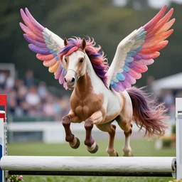 action shot from a distance of 2 0 m of a hybrid my little pony ( appaloosa horse ) that has unfurled wings, saturated colored mane. the horse is at a steeplechase event, professional, high quality, 4 k, dof, bokeh, action, dramatic lighting, photorealistic, detailed, hq, photorealism, digital art