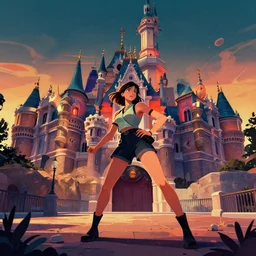 a girl in chernobyl disneyland, digital illustration, by android jones and greg rutkowski, retrowave color scheme, detailed, cinematic lighting, wide angle action dynamic portrait