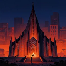 burning man temple, mads berg, karolis strautniekas, film noir, stippled light, dramatic lighting, editorial illustration, detailed, fine texture, matte print, art deco, brutalism, dark blue + dark orange, red, black, ( ( habitat 6 7 background ) )