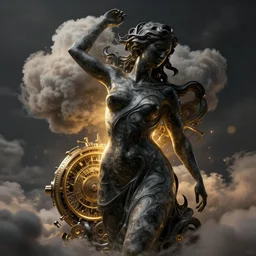epicillustration, abstract sculpture of beautiful female body and black swirling liquifying acrylic portrait, fluffy clouds, mechanical superstructure, glowing edges, golden hour, beautiful light, sculpture of carving marble, dark colors, dark mood, one point light, golden spirals, clockwork, epic matte painting, concept art, bokeh, digital painting