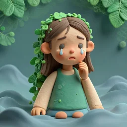 crying girl, rendered in cinema 4 d, foliage fractal displacement fading out into waves, clay render