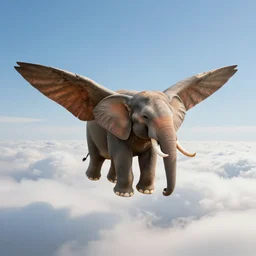 flying elephant with big wings in the clouds