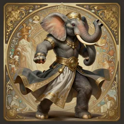 full body photograph of a male anthropomorphic elephant man fursona arabian dancer, deep focus, intricate, elegant, highly detailed, digital painting, artstation, concept art, matte, sharp focus, illustration, d & d, fantasy, hearthstone, art by artgerm and greg rutkowski and alphonse mucha