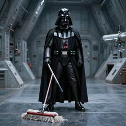 a beautiful photograph of darth vader mopping the floor of the death star hangar