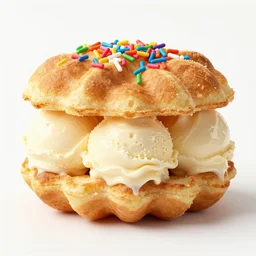 two funnel cakes sandwiched together with vanilla ice cream and rainbow sprinkles 4 k? hyperdetailed photorealistic