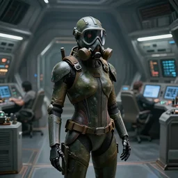 big budget scifi movie set in postapocalyptic world with female cyborg in rubber and gas mask in control room of ufo