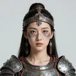 head and shoulders portrait of a female knight, tribal armor, headdress, smudged face, war paint, detailed face, photography by jimmy nelson, by paul schutzer, golden hour, jungle