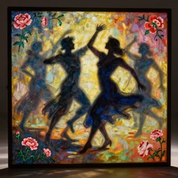 shadow people of the 1 9 6 0 s dancing by gustave dore. back glass painting, carnation, encaustic painting, b - roll, establishing shot, dappled light, crime scene photography, 8 k, vray, unreal engine, blender cycles, colorful