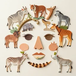 a human face made of cut - outs of animals