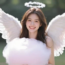 ( ( portrait ) ) happy young lady angel with wings of cotton candy, gorgeous smiling face, white clean teeth, surreal beauty, flare, wlop octane render