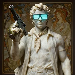 a detailed full bodied marble sculpture of jensen ackles as time traveler wearing an ascot, holding a grenade launcher, wearing glowing neon shuttered 1 9 8 0 s glasses!!!!, synthwave style, aetherpunk, masterpiece, 8 k, art by greg rutkowski and albert bierstadt and arthur rackham and alphones mucha