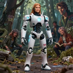 beautiful robot character design, product photography, dystopian, glowing led lights, skin details, plastic action figure, digital painting, comic book drawing, forest setting, graffiti decals, model build, diorama, artstation, concept art, comic art by mike mignola and david rubin, simon stalenhag and simon bisley