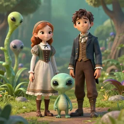 a girl and a boy standing next to some alien plants, a small cute alien creature is standing next to them, in a park on a alien planet, looking happy, wearing victorian clothes, ultra realistic facial details, enhanced faces, ultra high quality color photograph, 8k