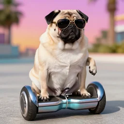 a morbidly obese pug wearing sunglasses riding a hoverboard, retrowave style, high resolution photo