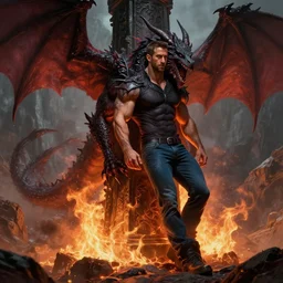 god of darkness musclebound shadow darkness demi - dragon ryan rynolds wearing jeans leans against a pillar of fire on a mountain romance novel fantasy artwork epic detailed and intricate digital painting trending on artstation by wlop octane render