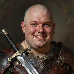rulf mournhell, solo male weary soldier, young adult, bald, lumpy head, blue eyes, oblong ugly face, overweight, piercings, jovial, leather armor, shortsword, clear symmetrical eyes, a male dnd fighter's portrait, clear eyed, realistic, by brian patterson and rhads!!!, palette knife background